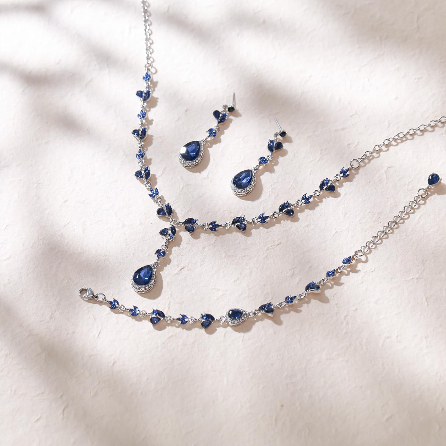 Crysdue Wedding Jewelry Sets for Brides Bridesmaid Women, Sparkly Rhinestone Floral Leaf Bridal Teardrop Y Pendant Necklace Chandelier Dangle Earrings Set for Prom Party