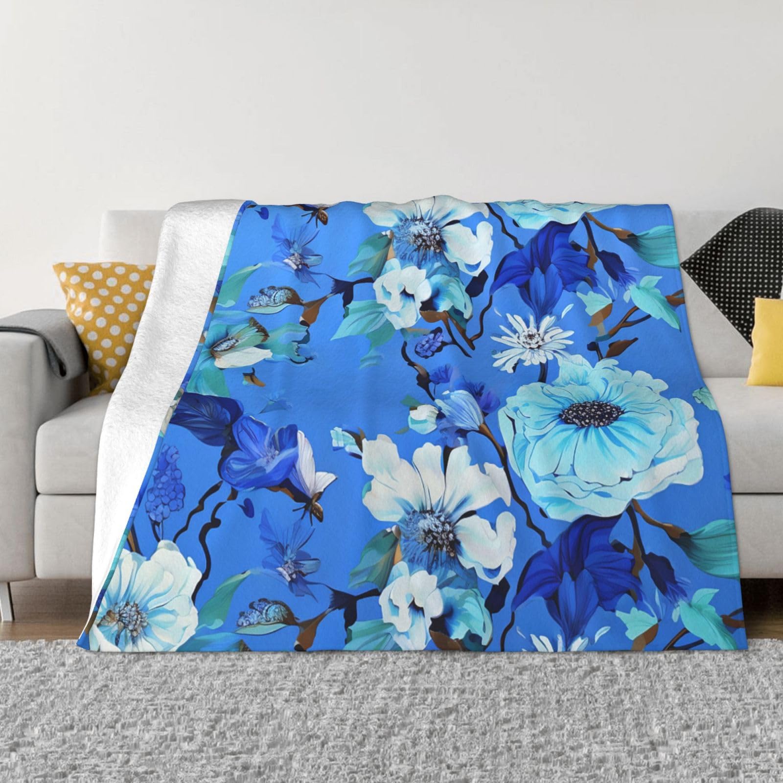 Couverture pour voyage et camping en flanelle bleue fleurie