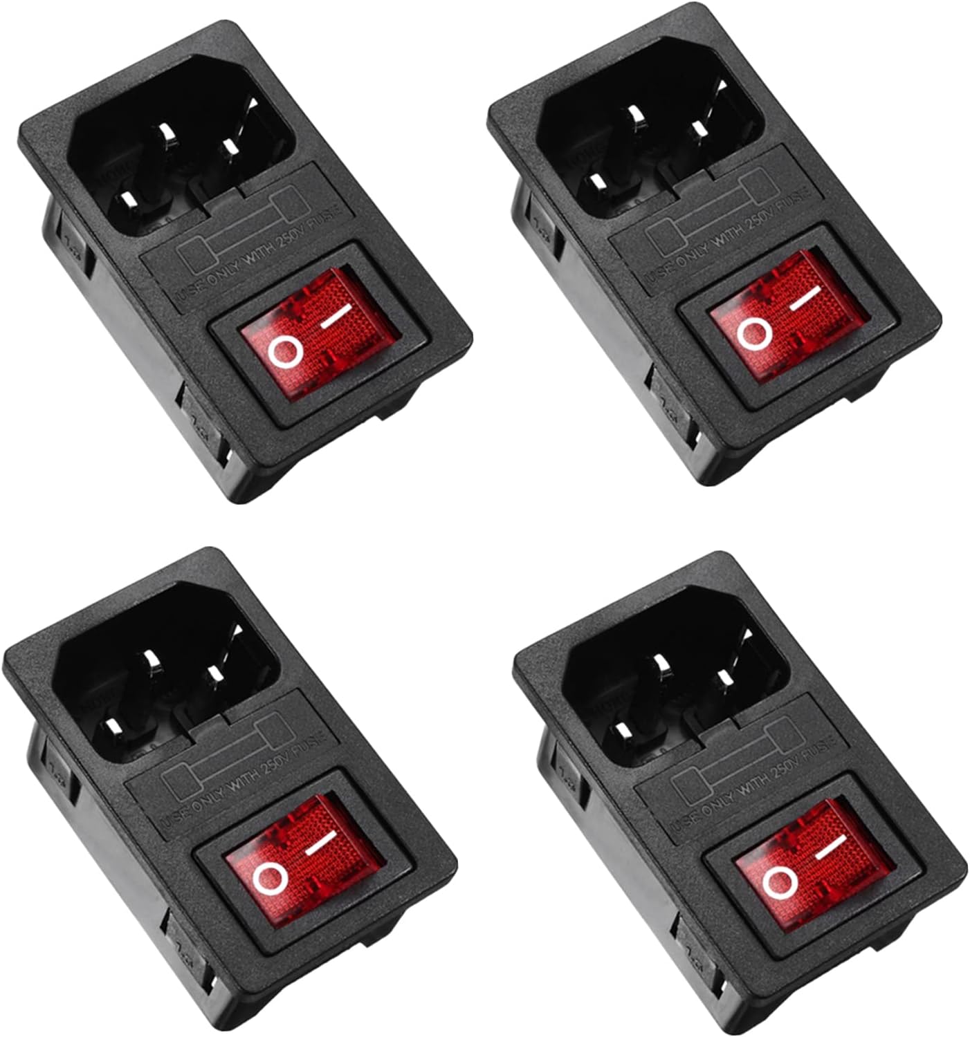Oiyagai 4 Sets IEC320 C14 Inlet Module Connector Fuse Switch Male Power Socket w Switch AC 250V 10A (Red)