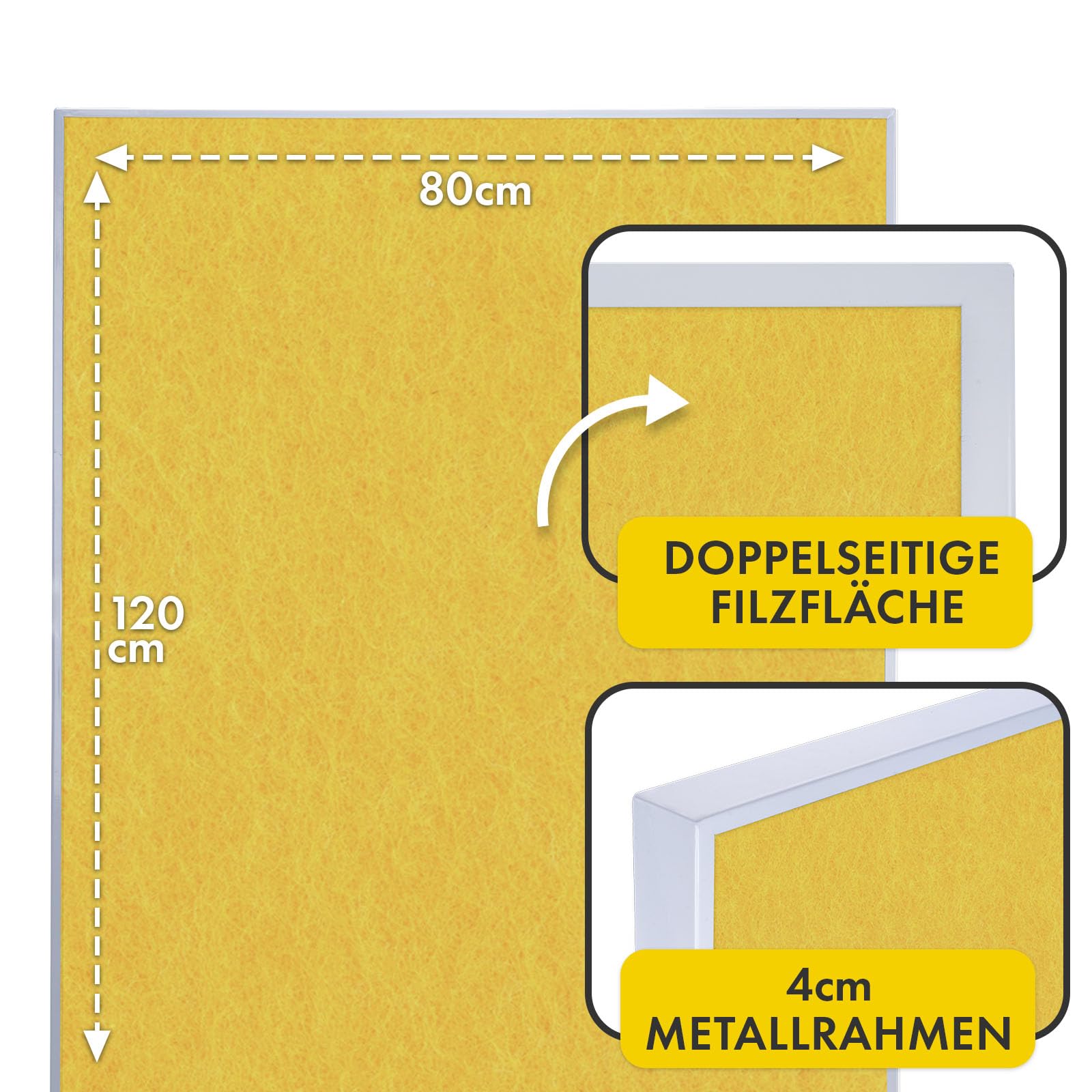 OfficeMarshal Moderationwand Doppelseitig 80 x 120 cm Präsentationstafel mit feststellbaren Rollen - Filztafel Pinnwand - Stabiler Metallrahmen - Giant (Gelb)