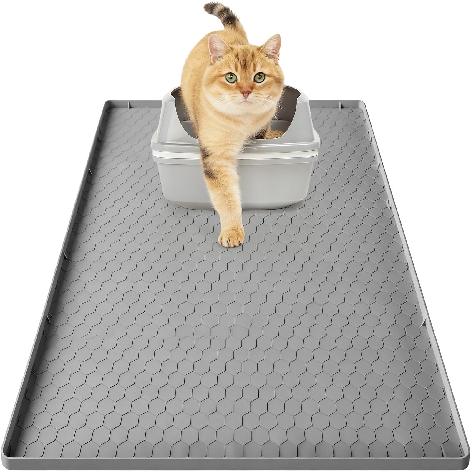 Tappetino Lettiera Gatto per Gatti con Bordi Rialzati, Tappeto Silicone Extra Grande 86x56cm, Mat Alimentare Morbido Sulle Zampe & Facile Pulire, Protezione Impermeabile Antiscivolo Resistente(Grigio)