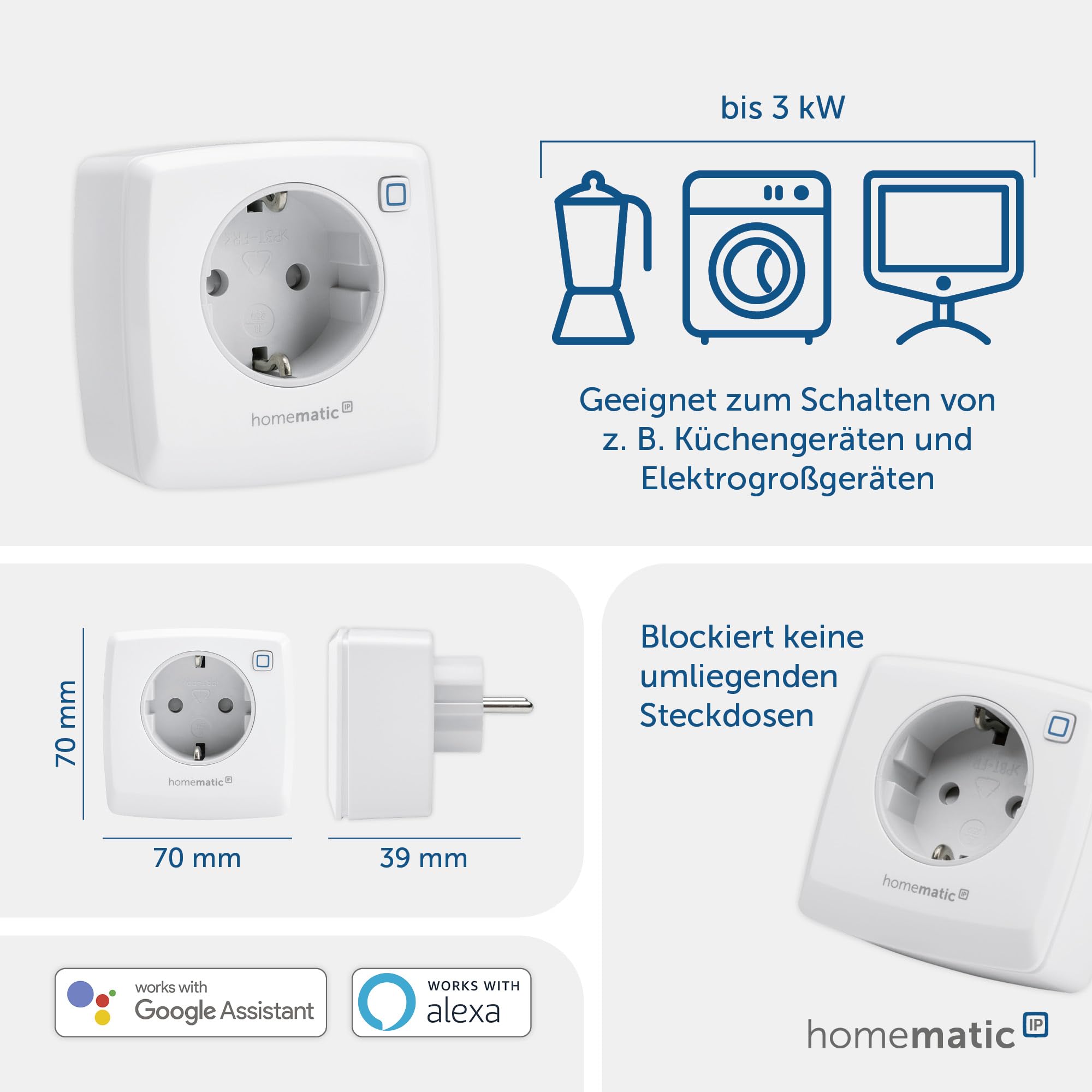 Homematic IP Schaltsteckdose, Smart Home, digitaler Zwischenstecker steuert Leuchten oder Elektrogeräte per App, Alexa & Google Home, Energie sparen, 141836A0