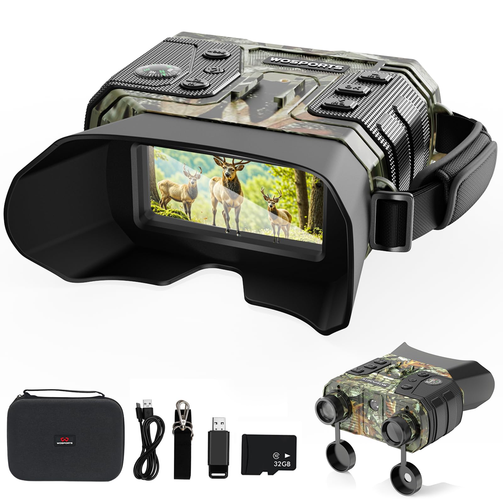 WOSPORTS 4K Infrared Night Vision Goggles – 1300FT Range, 8X Digital Zoom, 32GB Card, 15H Battery – Camo s for Hunting, Camping, Gift for Men