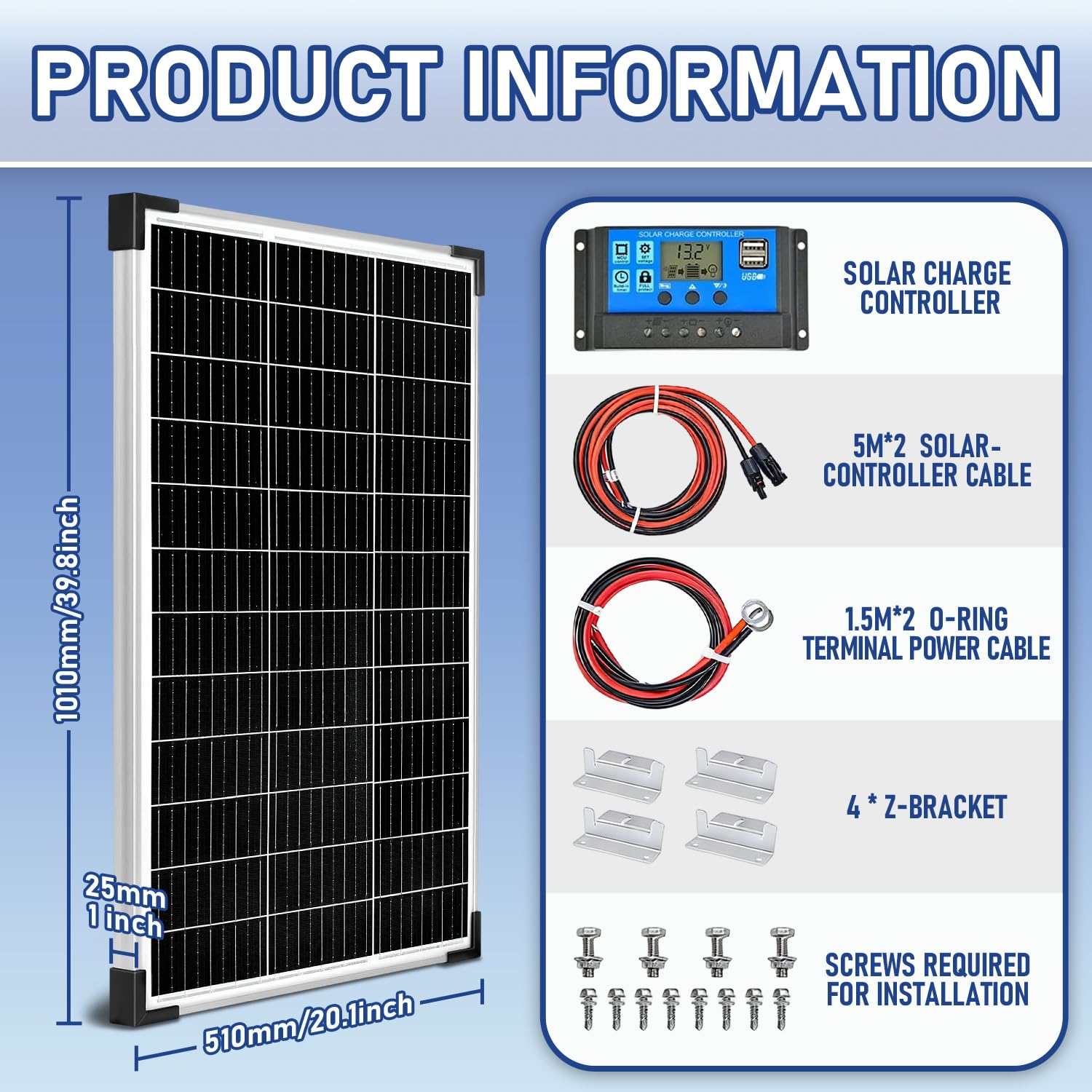 Pannello solare da 100 W, 12 V, pannello solare monocristallino, 100 Watt, con regolatore di carica da 20 A, per carica di energia indipendente da 12 Volt per camper, barca, roulotte, casa