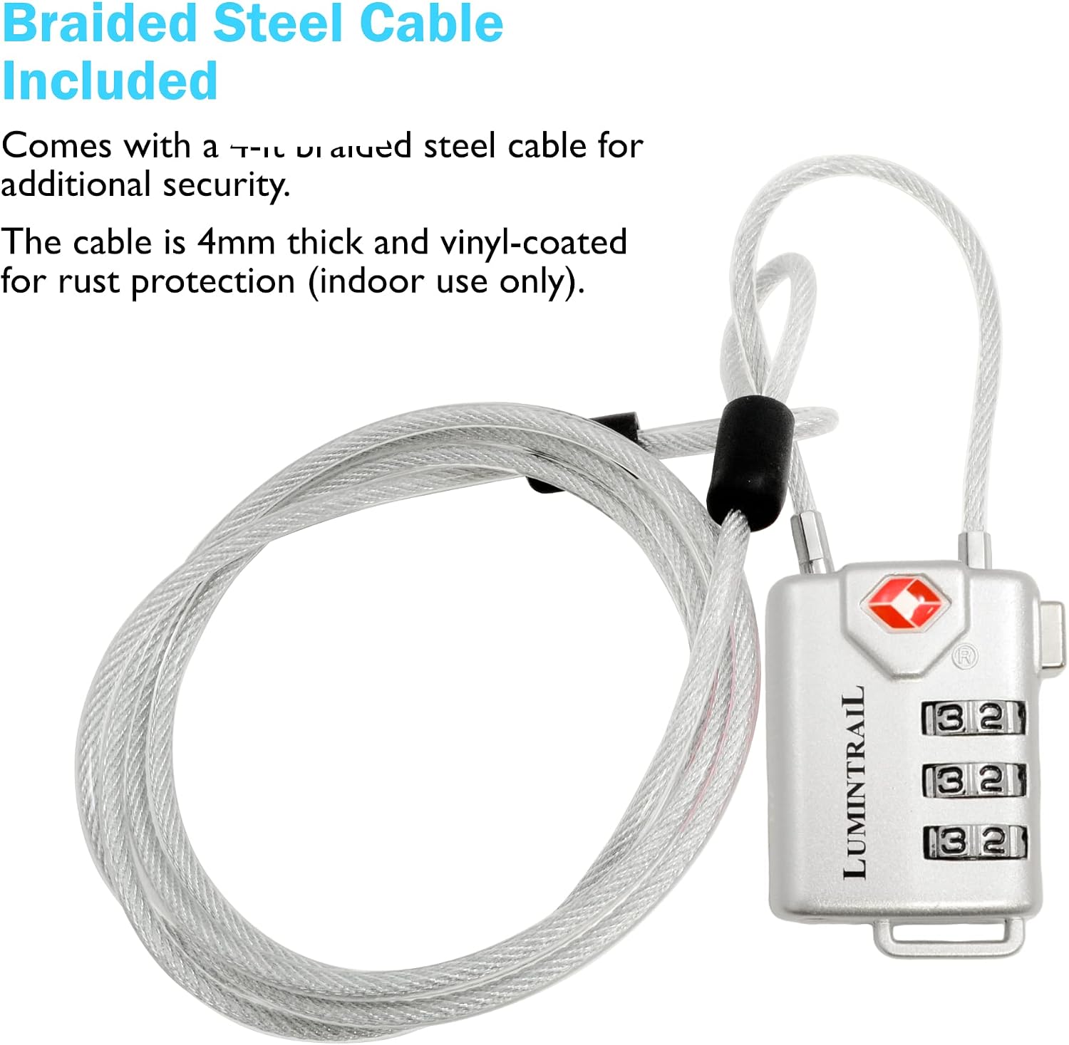 TSA Approved Cable Luggage Locks Plus 4 Foot Steel Cable Lumintrail Combination Travel Security Lock - 1 Pack, Silver