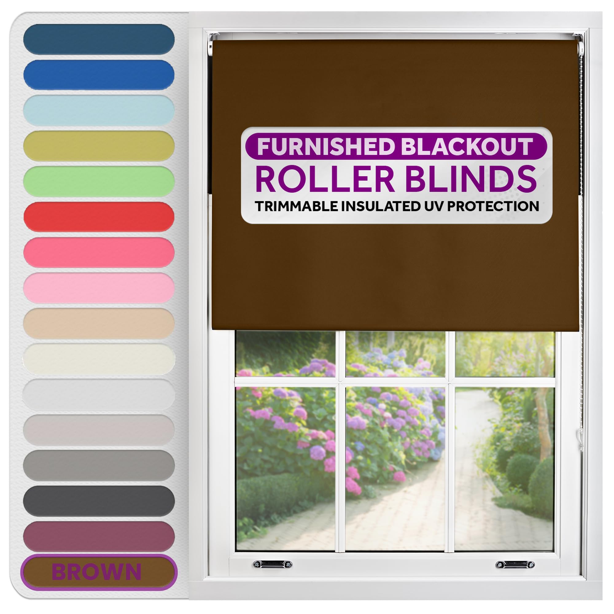 FURNISHED Roller Blinds Thermal Blackout Roller Blind - Trimmable Insulated UV Protection Child Safe Easy Fit Home Office Window Blinds, Brown, 75 cm Wide x 210 cm Long