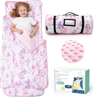 ACRABROS Toddler Nap Mat with Pillow and Blanket, Extra Large Rolled Napping Mats,Slumber Bags for Boys Girls,Kids Sleeping Bag for Daycare, Preschool Travel Camping,Mermaid