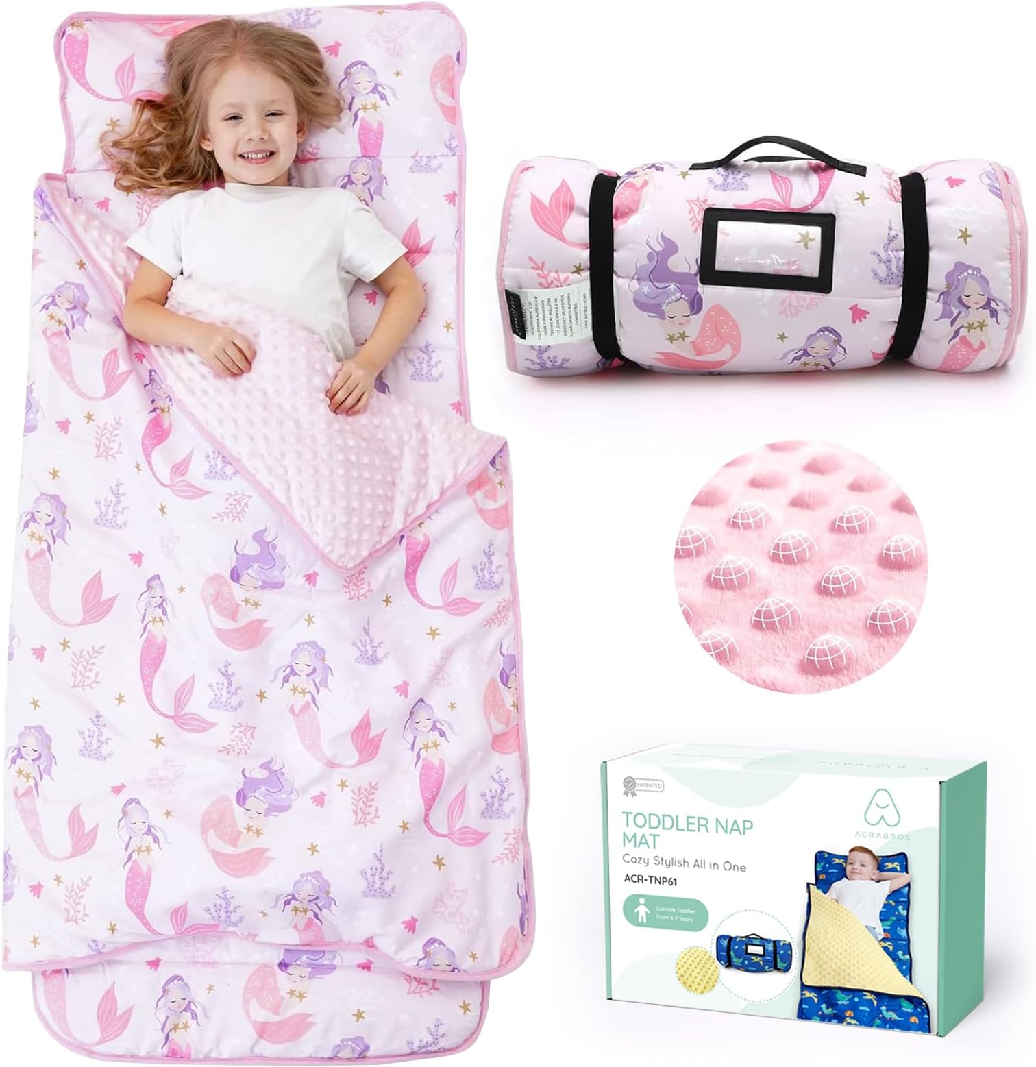ACRABROS Toddler Nap Mat with Pillow and Blanket, Large Rolled Napping Mats,Slumber Bags for Boys Girls,Kids Sleeping Bag for Daycare, Preschool Travel
