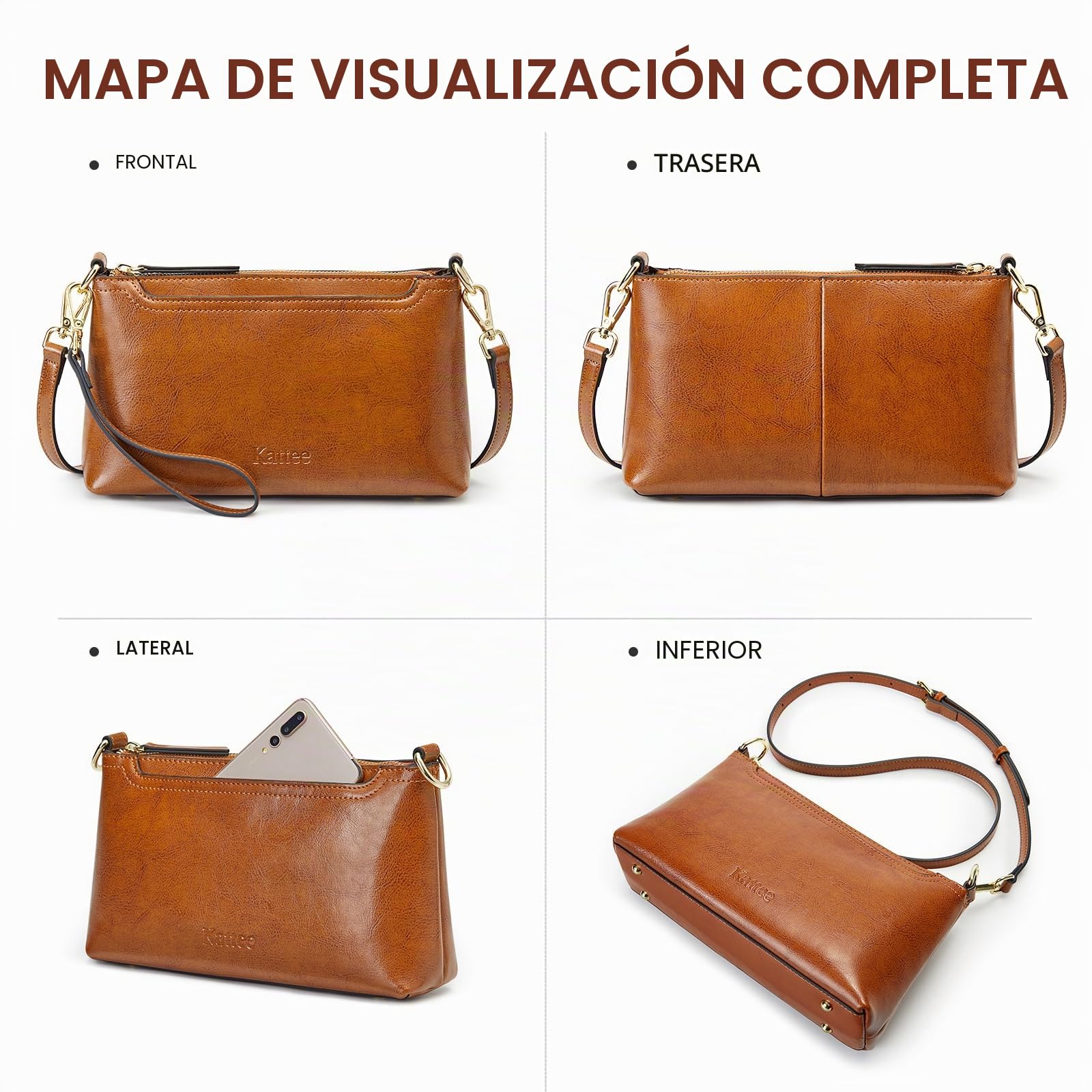 Kattee Bolsos cruzados de cuero para mujer, modernos, pequeños bolsos de hombro y bolsos de mano, cartera de mano con 2 correas