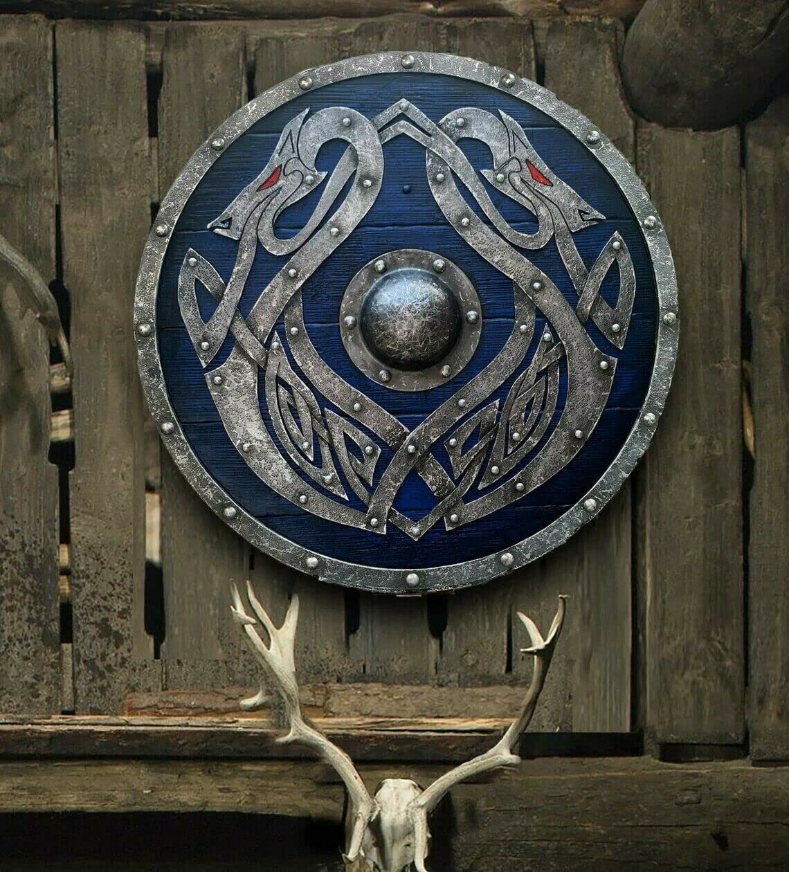 Valhalla Sea Dragon Jörmungandr Autentico scudo vichingo indossato da guerra medievale, rotondo, battaglia, guerriero, scudo, legno, rotondo, scudo, larp, riproduzione, cosplay, scudo,