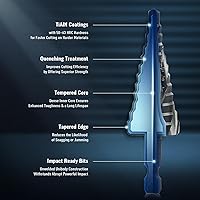 Vista 5 de ZELCAN Step Drill Bit Set, 5PCS Four Spiral Flute Step Bits for Metal, 50 Sizes Titanium-Coated HSS Drill Bits with 1/4" Hex Shank for Stainless