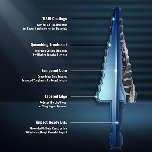 Miniatura 5 de ZELCAN Juego de brocas escalonadas, 5 piezas, cuatro brocas en espiral para metal, 50 tamaños de brocas HSS recubiertas de titanio con vástago