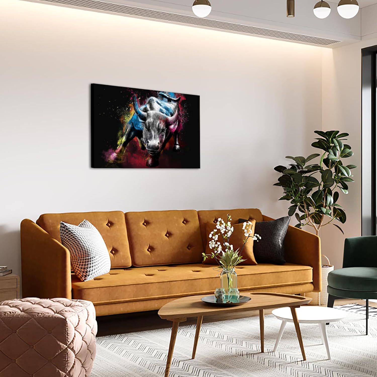 Derkymo Fighting Bull Painting Cattle Picture Farmhouse Wall Decor Wildlife Canvas Artwork Framed to Hang