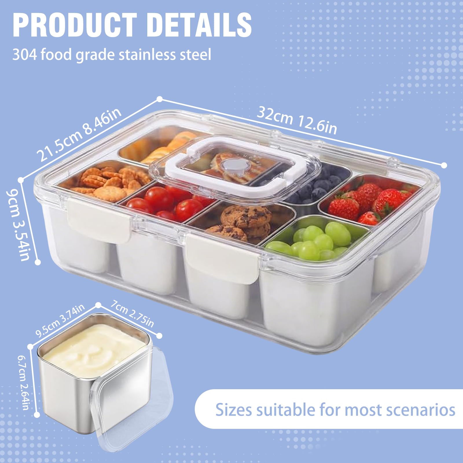 Recipiente para Snack, Tupper Compartimentos, El Acero Inoxidable Es Fácil De Limpiar Y Evita Los Malos Olores, La Caja para Snacks para Almacenar Fruta, Snacks Y Otros Alimentos
