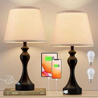 Seealle Touch Lamps for Nightstand Set of 2 - 3-Way Dimmable Bedside Lamps with USB A+C Ports, LED Bulbs Included