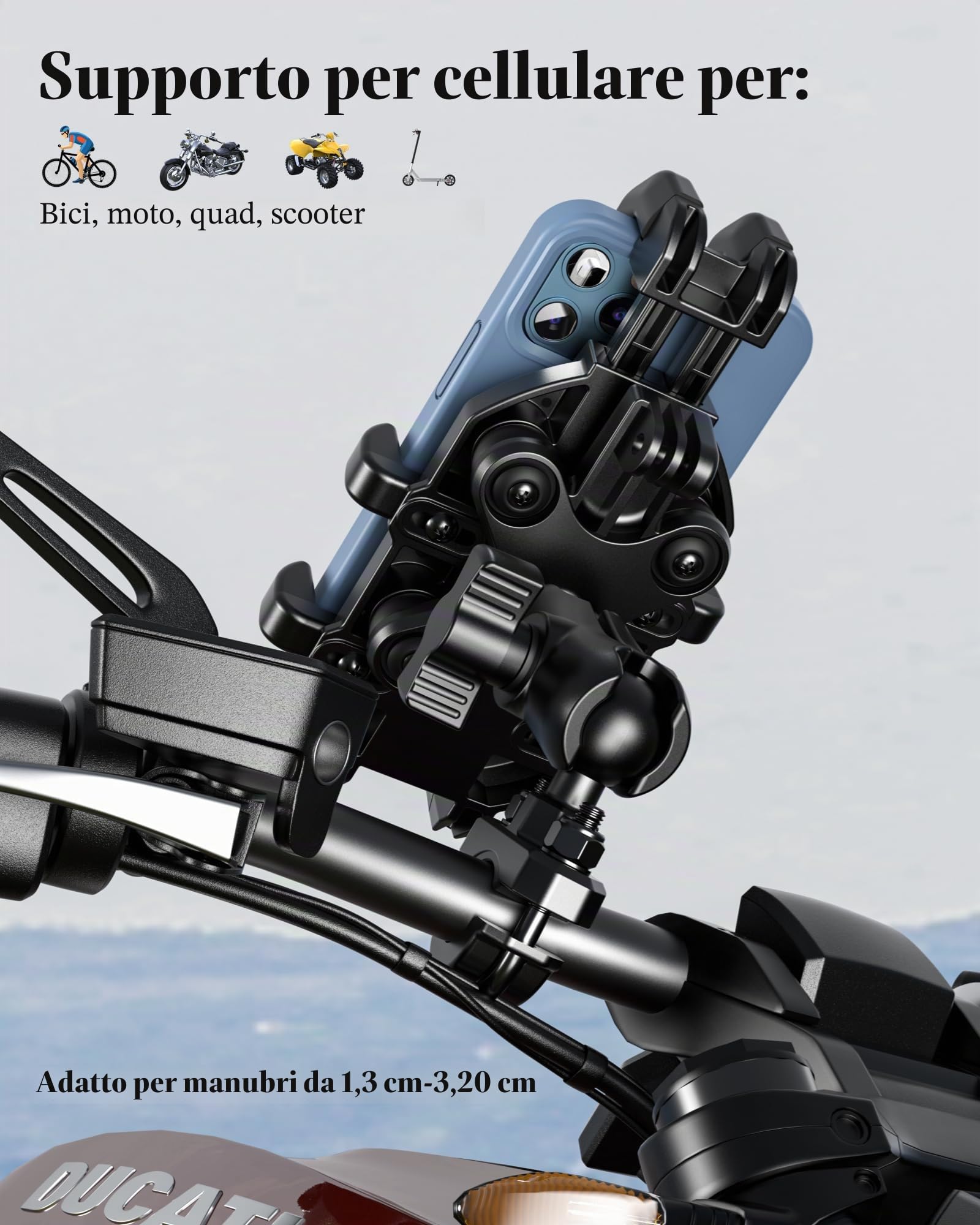 BRCOVAN Supporto per telefono da moto con antivibrazioni, supporto per telefono da moto, manubrio regolabile, per moto, bici, scooter, ATV, adatto per smartphone da 13,7 a 18,2 cm