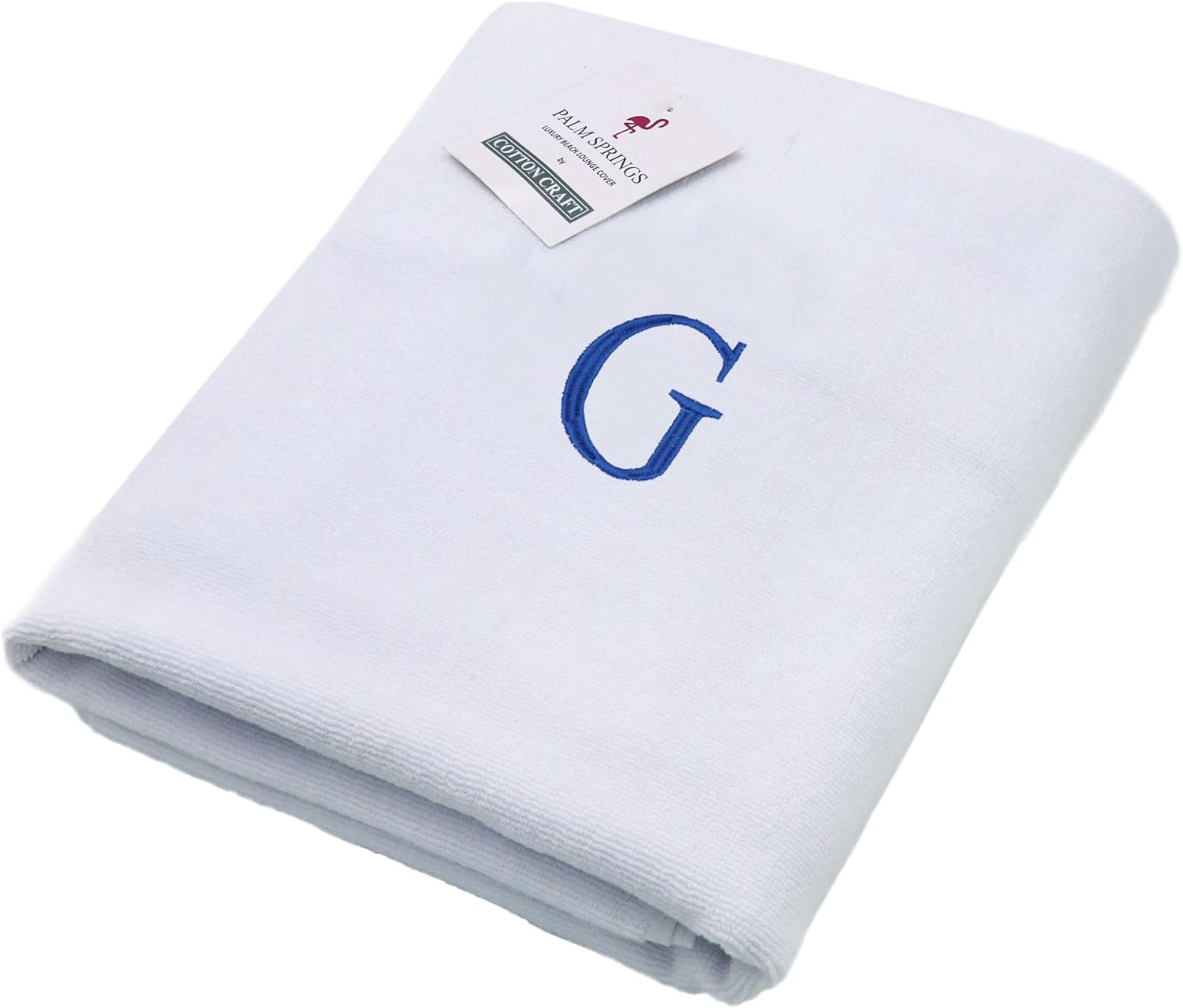 COTTON CRAFT Monogrammed Pool Lounge Chair Cover - Hotel Spa Chaise Embroidered Beach Chair Towel - Soft Absorbent 100% Ringspun Cotton Terry - Oversized 32 inch W x 82 inch L x 7 inch Pocket- White G
