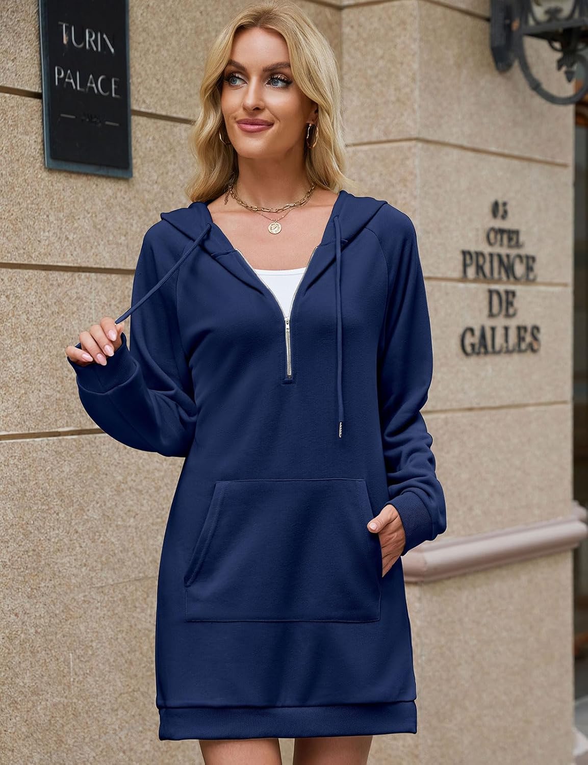 Tanst Sky Womens Sweatshirt Dress Long Sleeve Hoodie dresses Half Zip Drawstring Hooded Tunic Tops with Pocket - Image 3