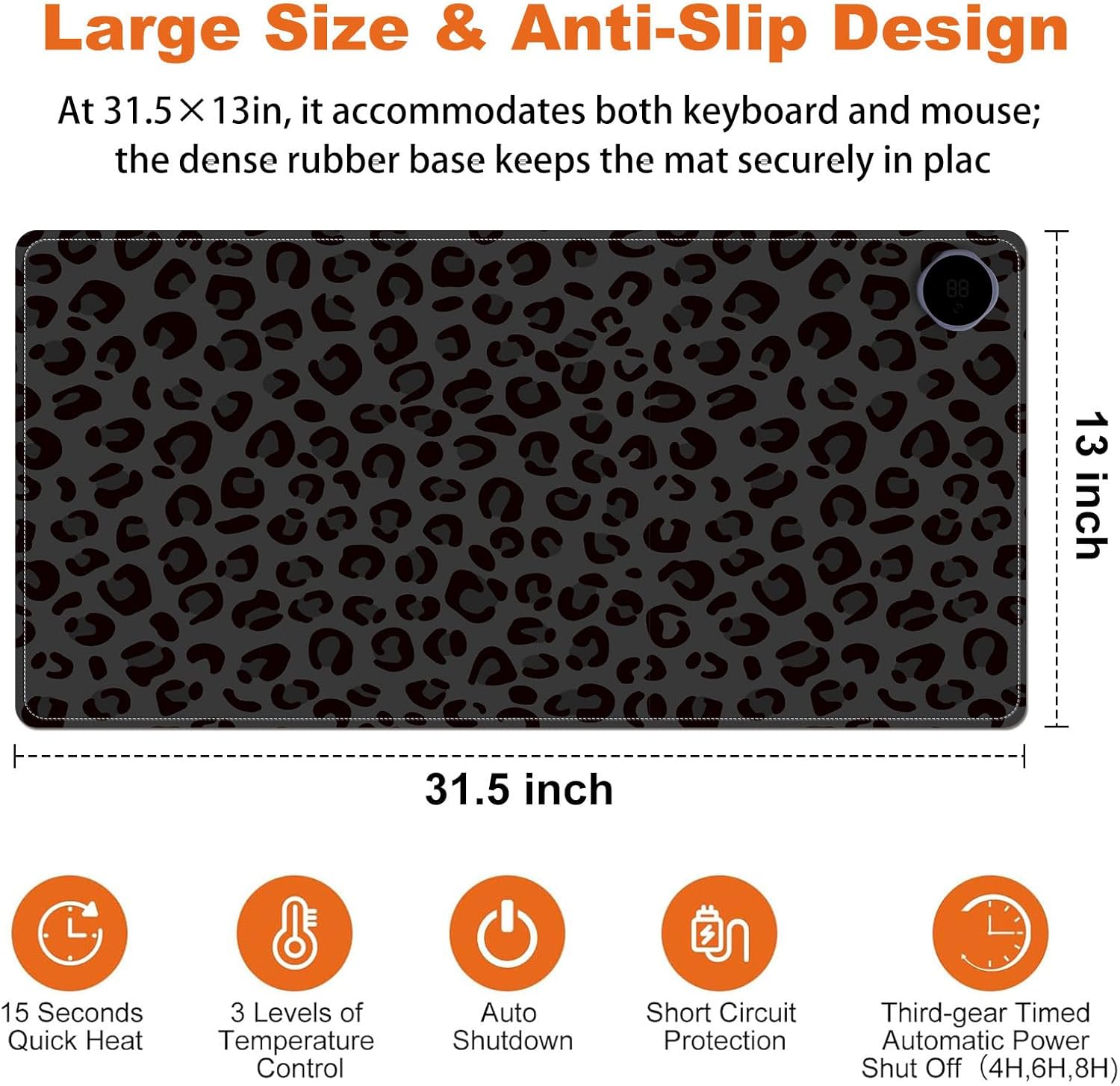 Heated Mouse Pad for Desk 31.5" x 13" – PU Leather Warm Desk Pad with 3 Heat Levels (104°F/113°F/122°F), Plug-in Electric Heating Mat with Auto Shut-Off, Waterproof & Rollable, Dark Leopard Print