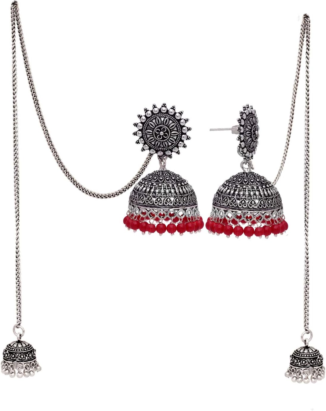 V L IMPEX Sun Shape Lightweight With Maroon Beads Silver Plating Oxidised Girls kashmiri jhumki Earring