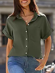 Camisetas femininas de manga curta com gola V e botões e bolsos