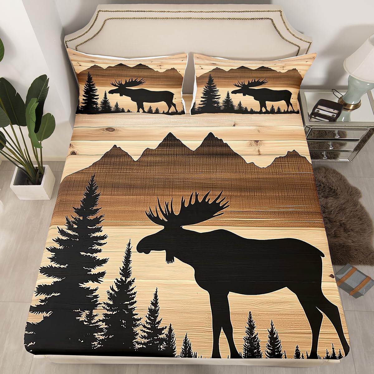 Homewish Juego de sábanas para cama de matrimonio con diseño de ciervo de caza, ropa de cama rústica para cabaña y cabaña, juego de sábanas de 4 piezas