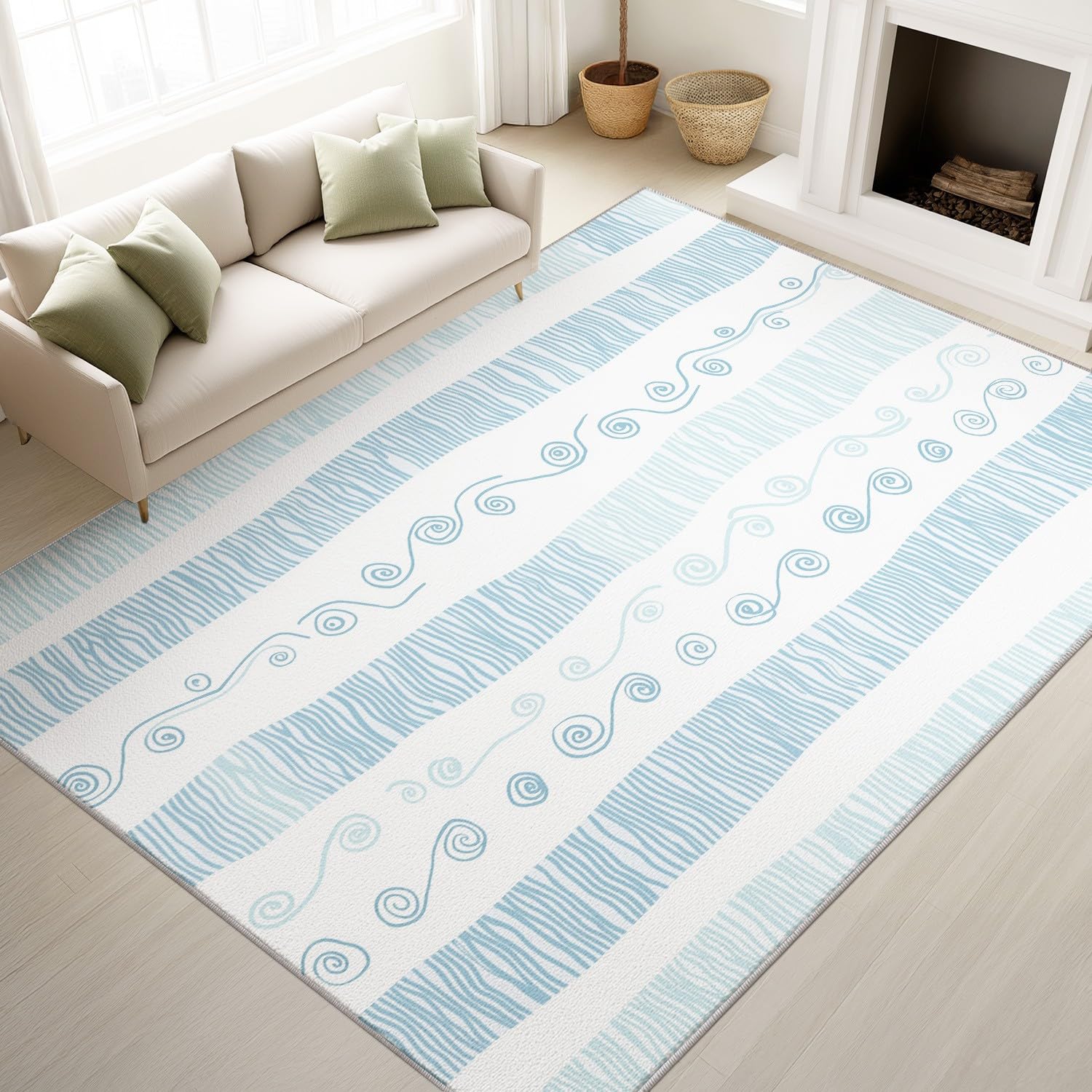 Minimalistyczny dywan nordycki Bohema, prosty, naturalny obszar, 150 x 210 cm, niebiesko-białe paski, wirowy, krótkie runo, do domu, do gabinetu, salonu, antypoślizgowy, zmywalny dywan