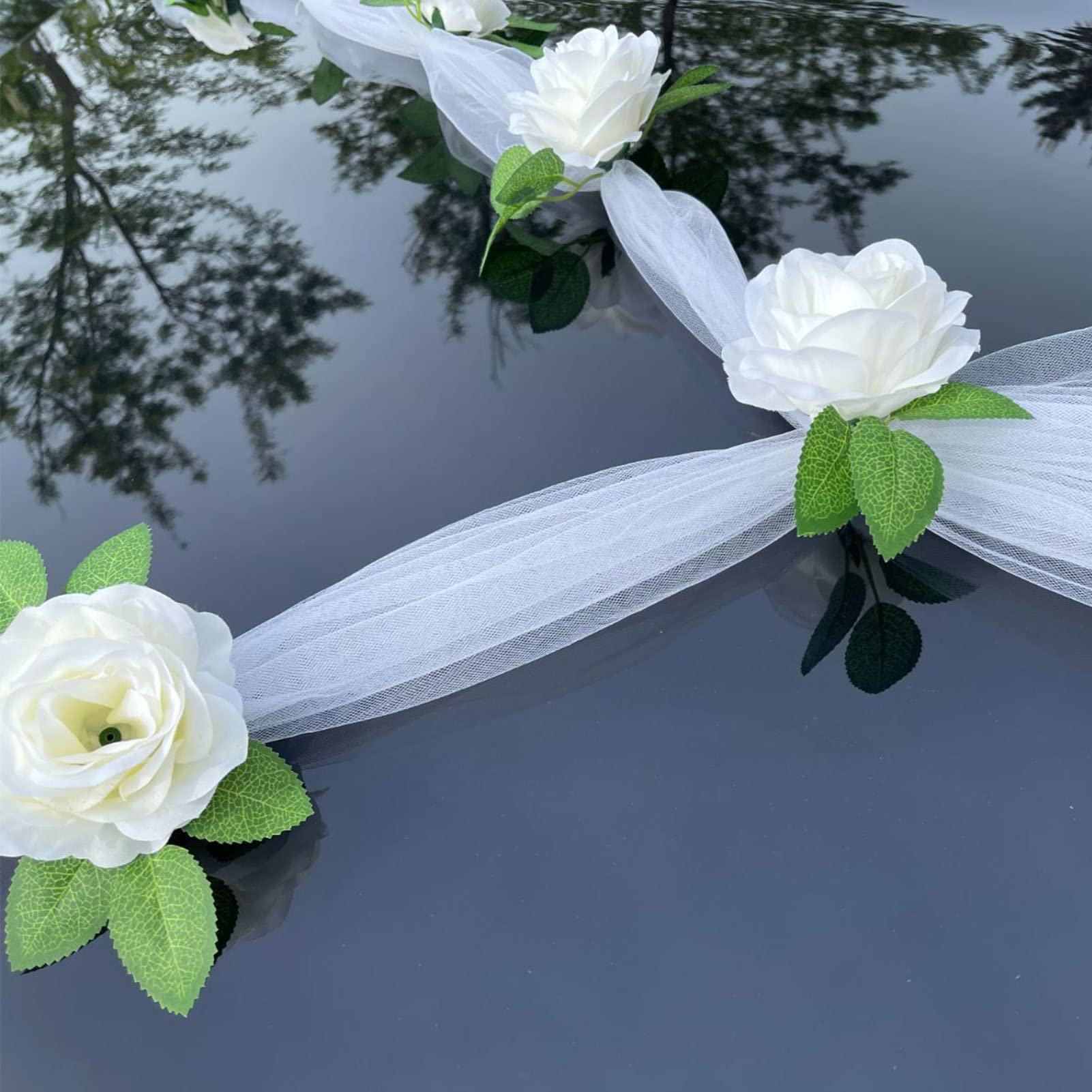 Décoration Voiture Mariage - Guirlande Tulle Et Roses Artificielles, 160 Cm, Avec Ventouses, Pour Capot