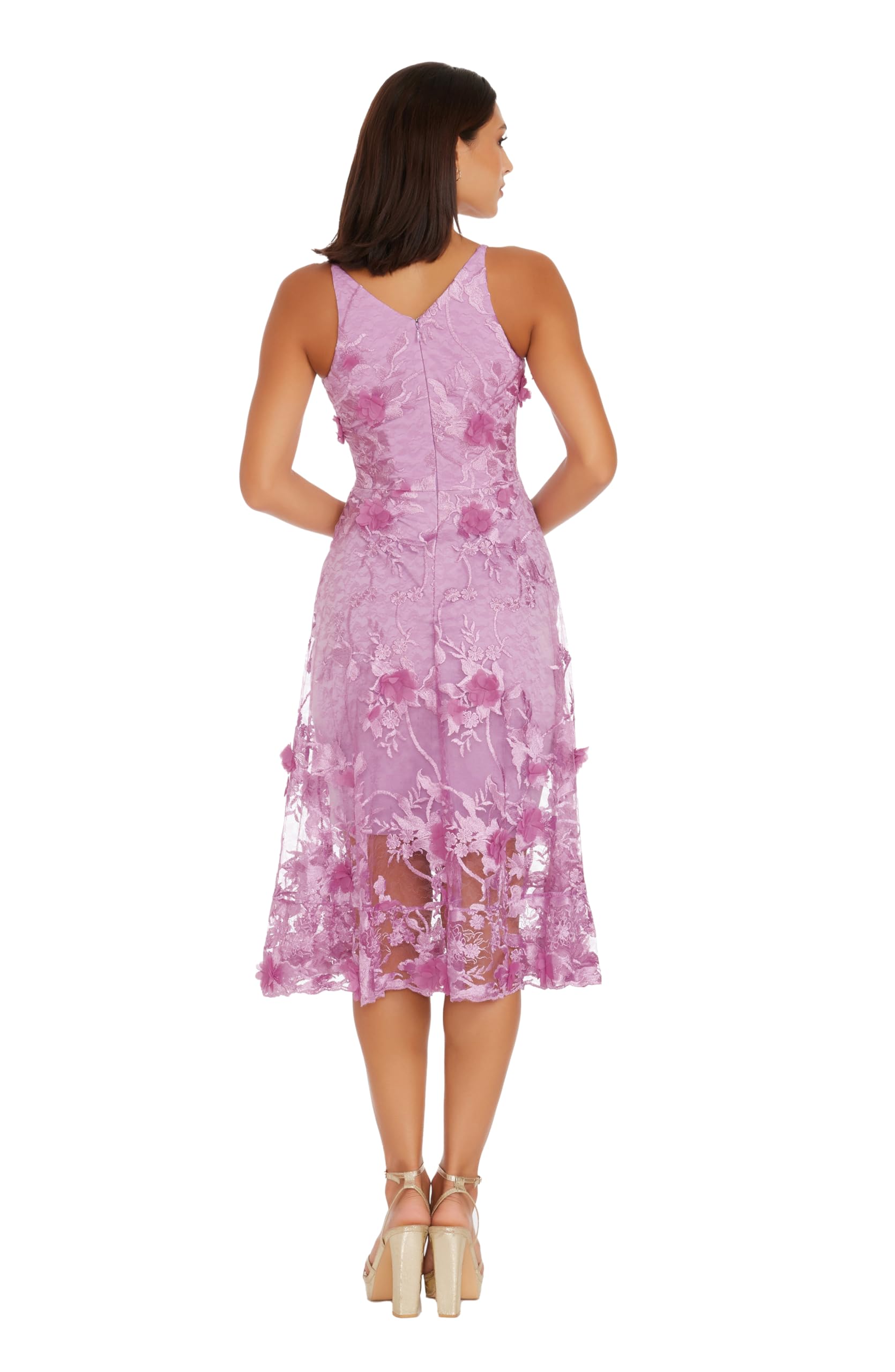 Dress The Population Womens Audrey Spaghetti Strap Midi A-line 3D Floral Dress: XX-Large Lavender