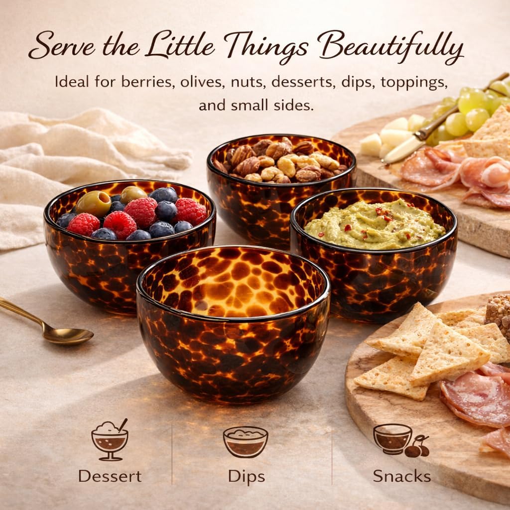 Adkoat® Tortoise Shell Glass Bowls: 12oz Amber Small Serving Bowl - Vintage Decorative Dish - Boho Kitchen Decor Serveware Gift Set: Dessert, Nut, Mise en Place, Jewelry, Charcuterie Board (4 Pack)