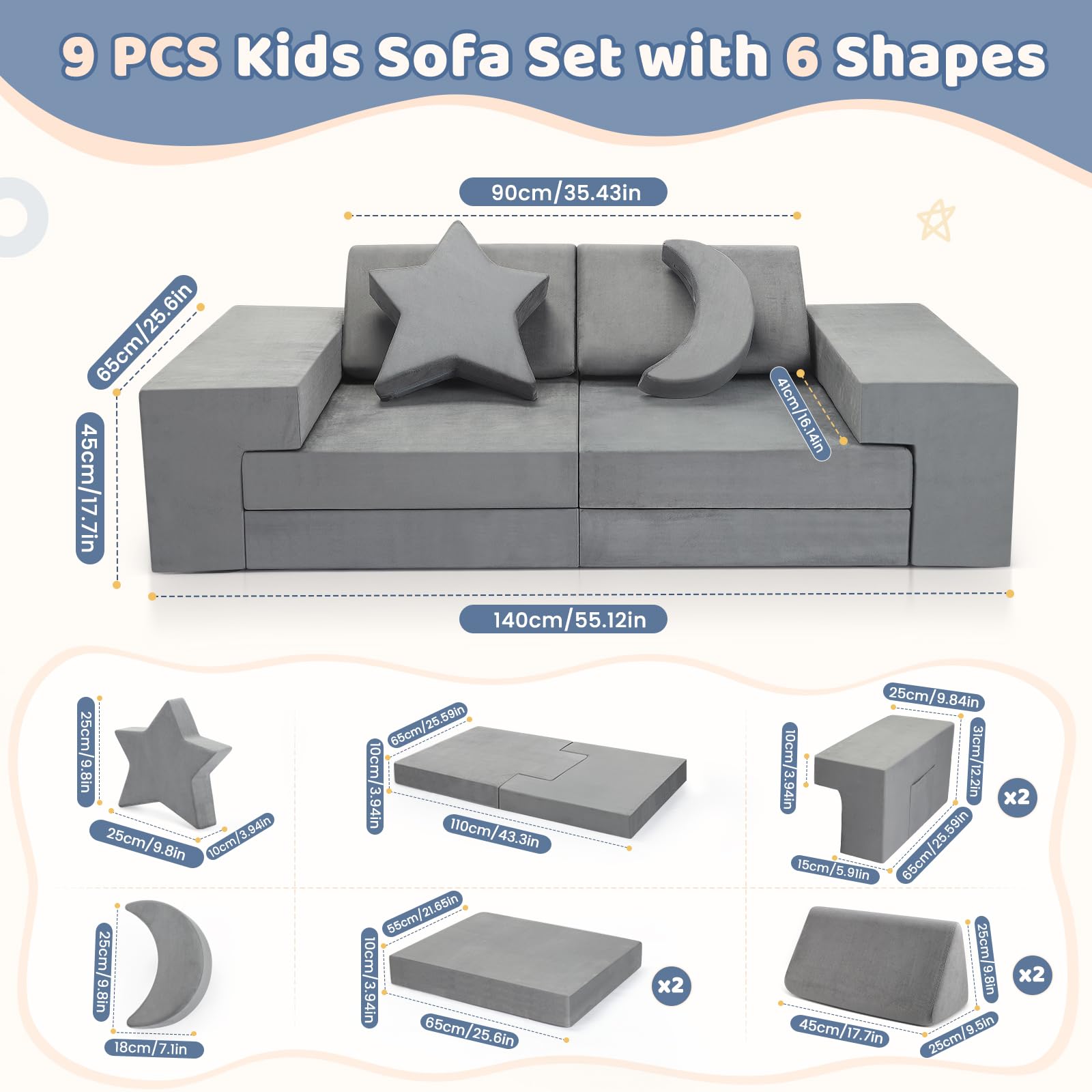 9-teiliges Modulares Spielsofa Grau, DIY Kindercouch mit Stern- und Mondkissen, Umwandelbar als Sofa & Spielburg, Weiches Schaumstoff-Sofa für Kinder