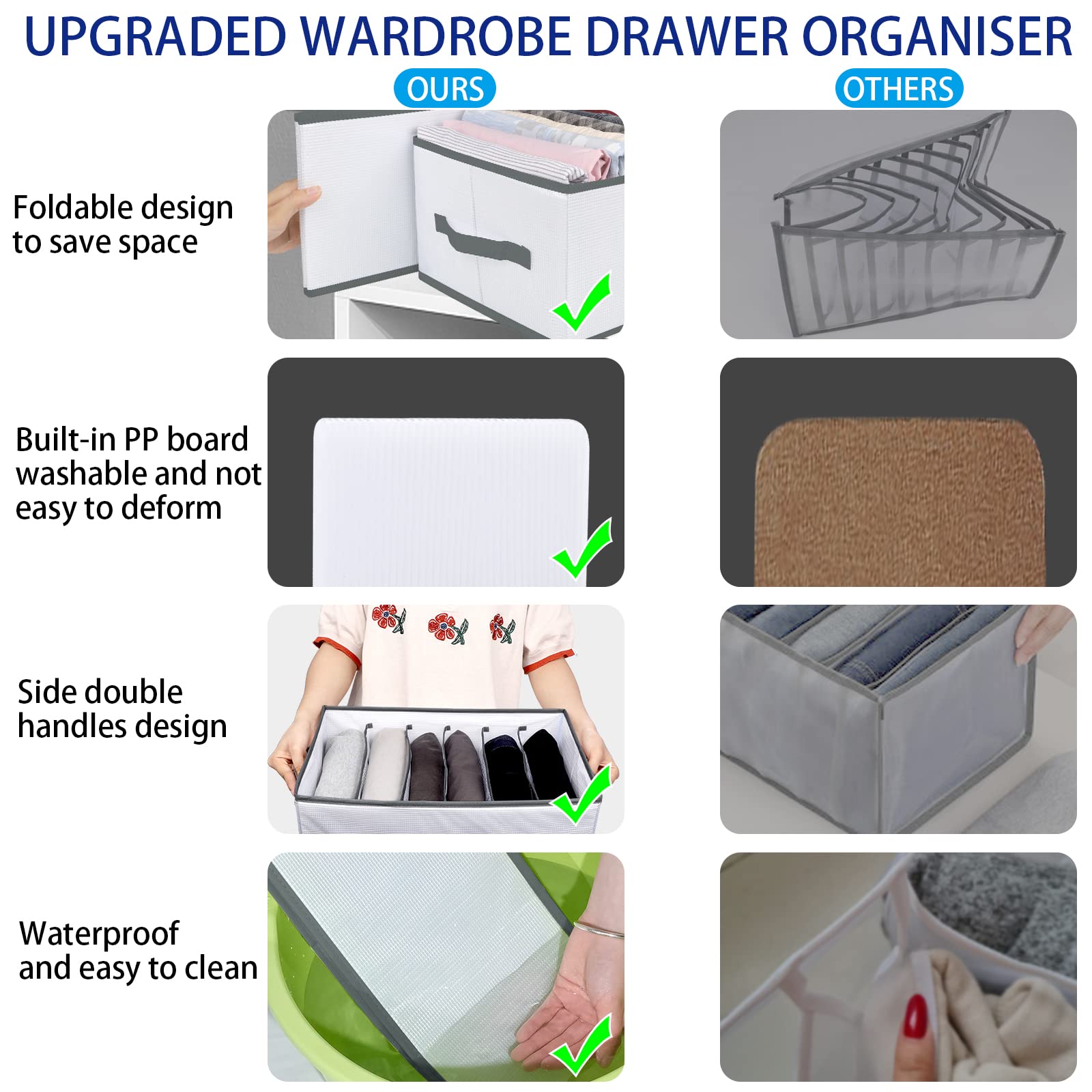 sprecenk Organizer Cassetti Armadio, 6 Griglie Divisori Cassetti Organizer er Jeans Scatola, 2PCS Pieghevole Scatole Portaoggetti Per Pantaloni, Maglioni, Jeans, Magliette, Grigio