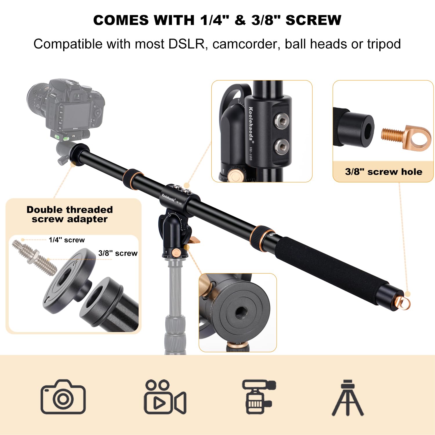 Koolehaoda Brazo de extensión de trípode de 105 cm Eje Central Horizontal Giratorio de 360 ​​​​° Brazo de extensión de trípode Ajustable verticalmente de 180 ° para cámara Fotografía aérea Macro
