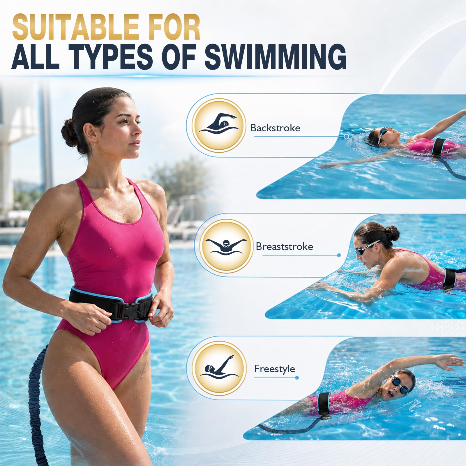 2026 Cinturón de Natación Piscinas, Cinturones MagnéTicos de Natación para Adultos de 4-10 M, Cinturón EláStico de Resistencia AcuáTica Ajustable para Entrenamiento de Natación