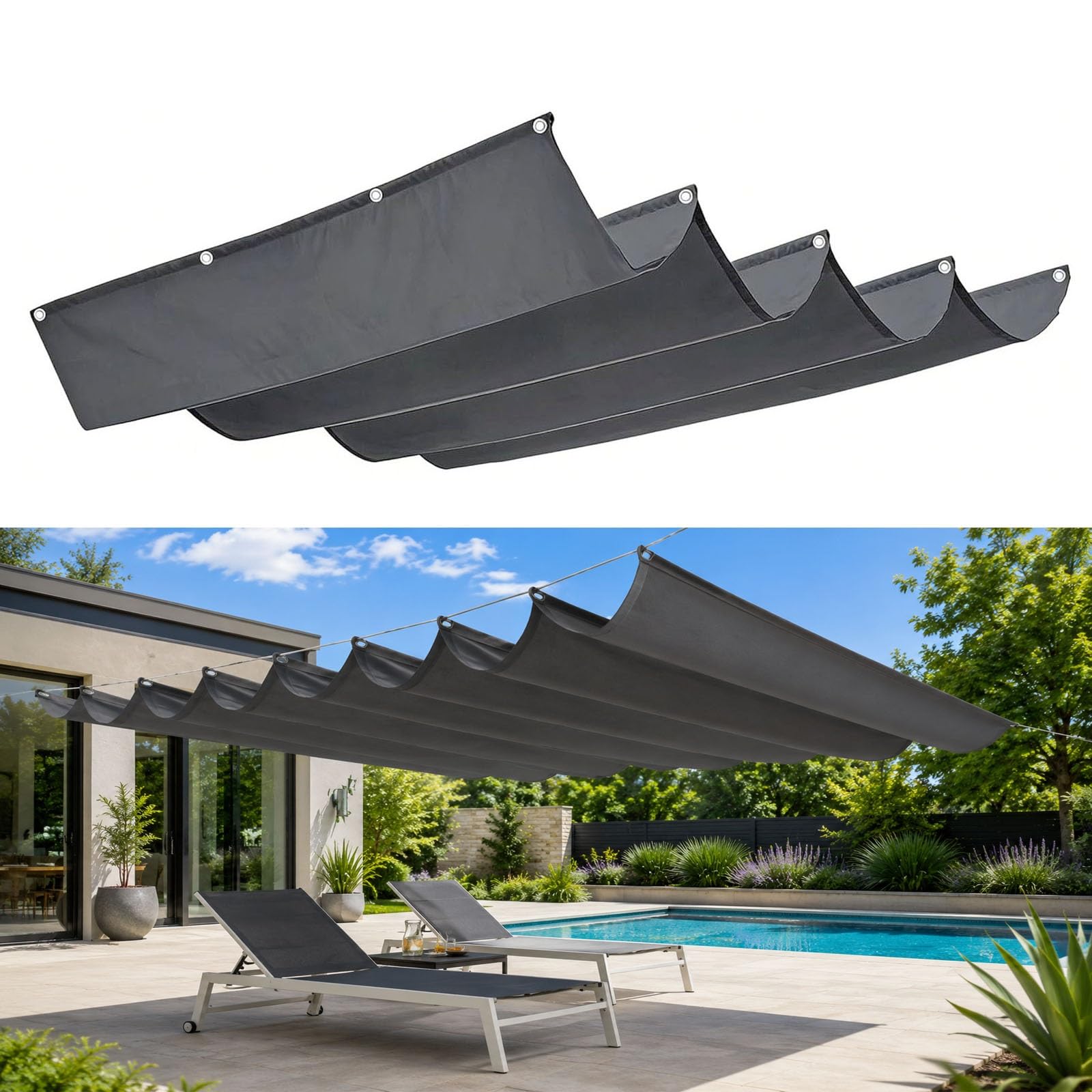Voile d'ombrage rétractable anti-UV 98% imperméable gris foncé 190x575
