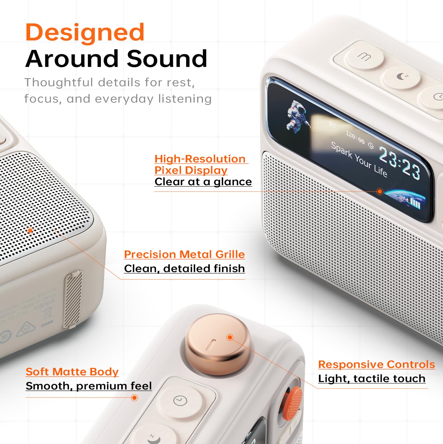 Divoom FlowToo Bluetooth Lautsprecher mit Pixel Display, Individuelle Zifferblätter & Musikvisualisierung, Wecker, Timer und Tragbarer Lautsprecher für Schreibtisch, Home Office und Schlafzimmer, Weiß