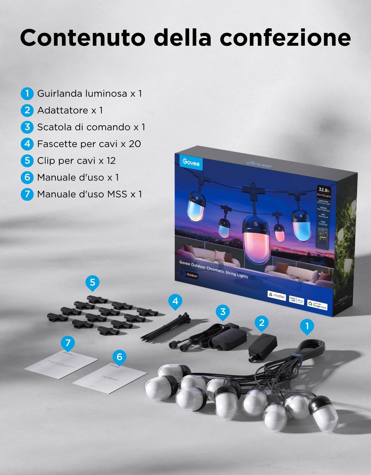 Govee Catena Luminosa Esterna 10M, RGBICW 240lm per LED, App Controllo,IP67 | 16M Colori DIY, 111+ Modalità Scena, Sync Musica, Matter/Alexa/Google, 30000h, Install. Facile, Giardino/Balcone/Terrazza