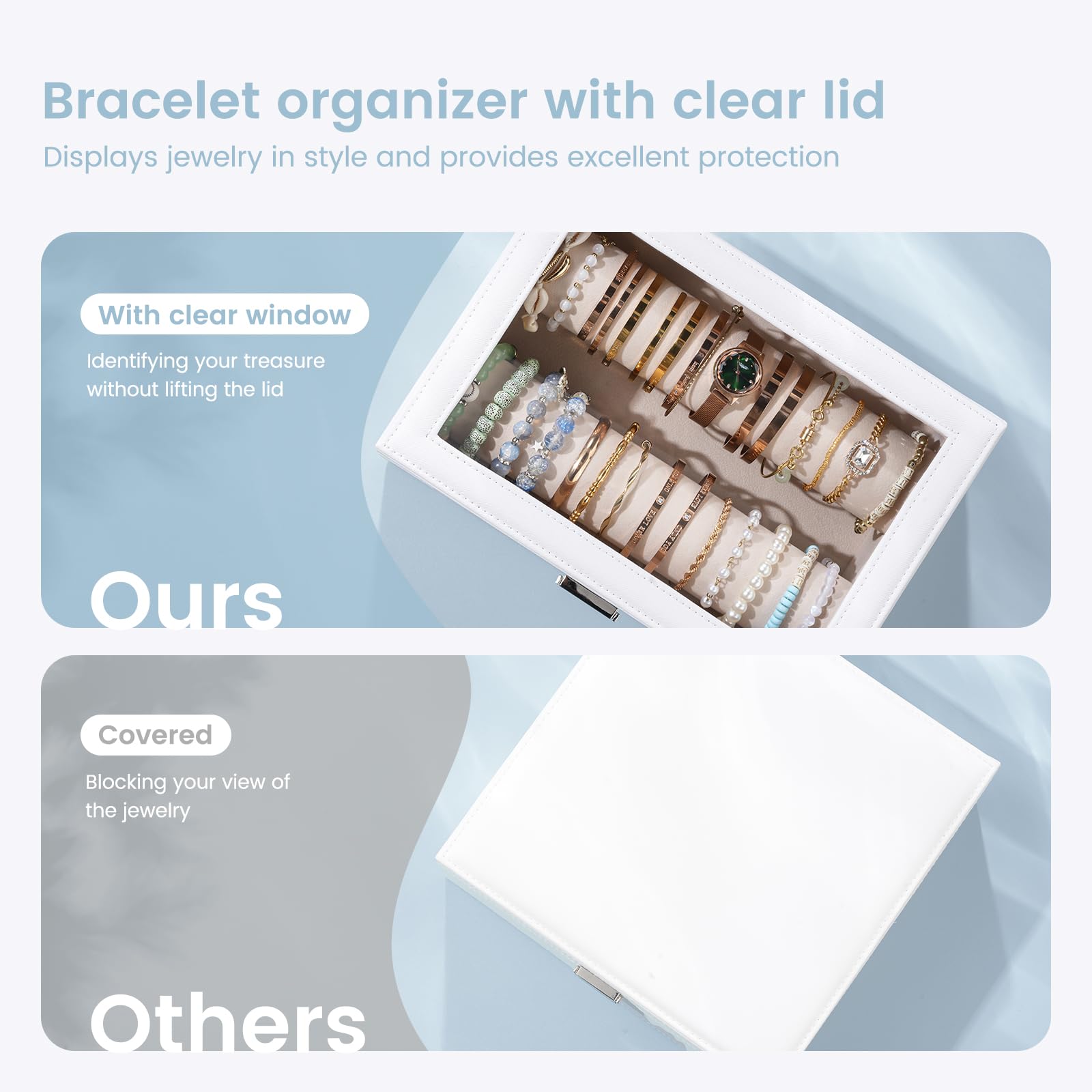 Lolalet Armband-Organizer, Bracelet Display Schmuck Box Aufbewahrungsbox mit Rollen für Armreifen Uhren, Klare Deckel Halter für Frauen Mädchen- Weiße