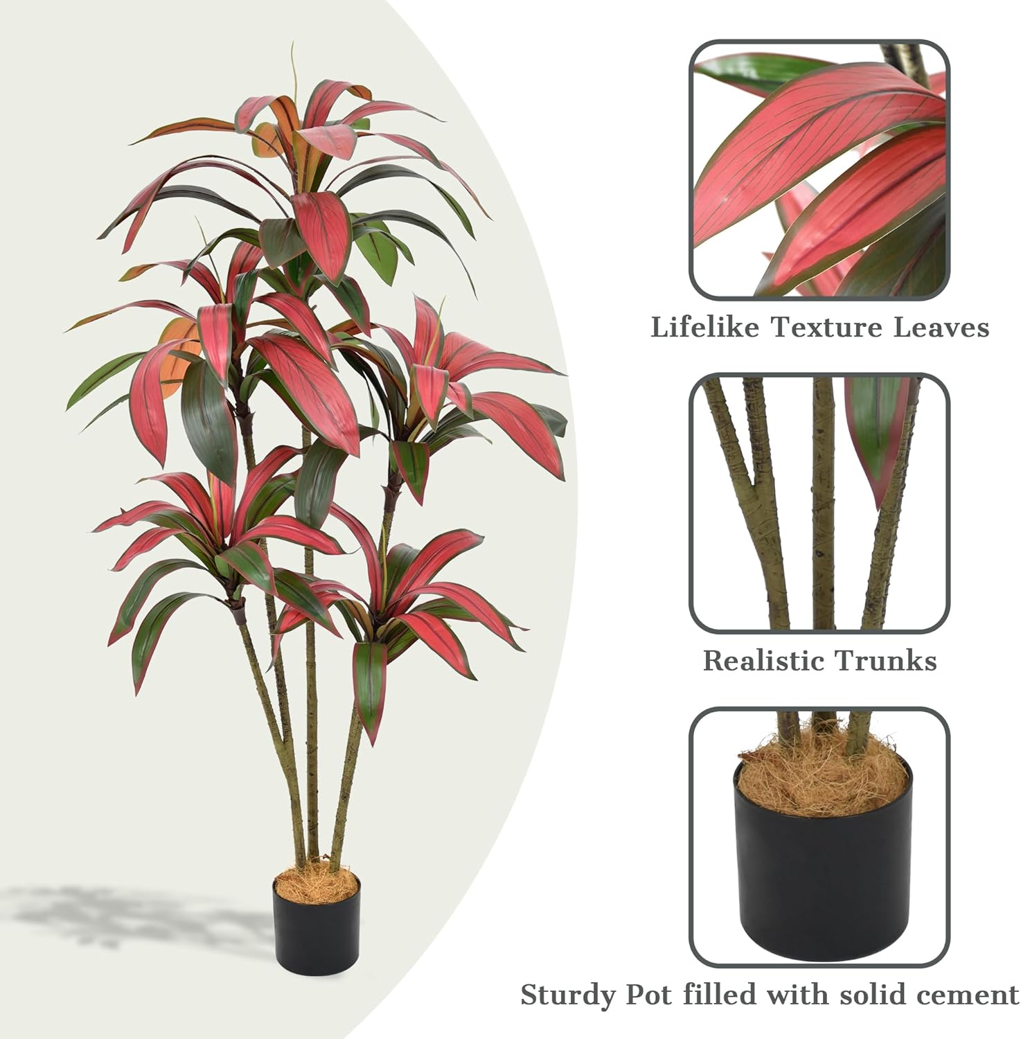 Artificial Dracaena Tree 5FT - Large Faux Plant Indoor Tree with 78 Red Leaves & 5 Heads, 60" Tall Fake Tropical Plant Potted Artificial Floor Plant Trees for Home Living Room Porch Office Decor - Image 7