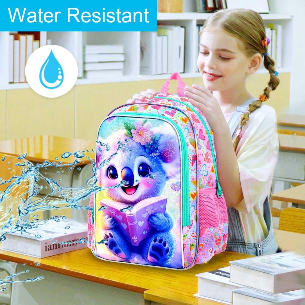 gxtvo 3PCS Koala Backpack for Girls, 16" Kids Bookbag with Lunch Box, Water Resistant School Bag for Elementary Preschool Toddler - Reading Koala Pink