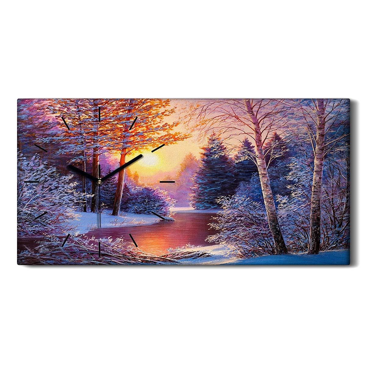 Horloge sur Toile Arbres Snow River Sunset Coloray 60x30cm Salon Deco