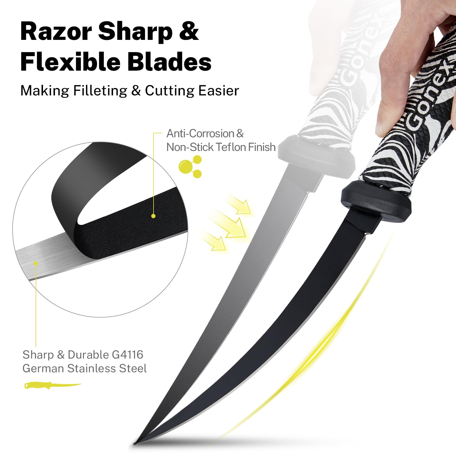 Gonex Fish Fillet Knife Fishing Boning Knives, Fishing Gear Tool Set for Meat Cutting, G4116 German Stainless Steel Blade, Non-Slip Handle, Protective Sheath & 2-Stage Sharpener, 7in