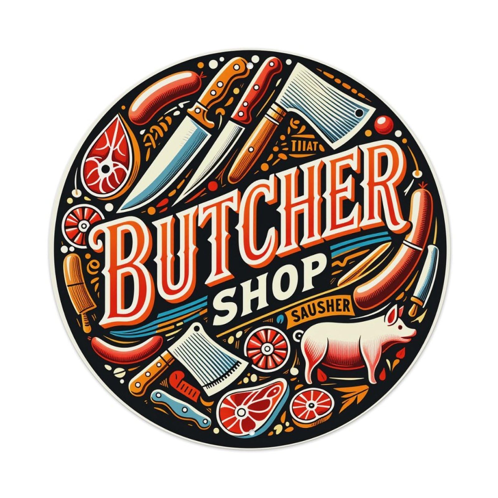Butcher Shop Meat Tools Pig Round Tin Sign Vintage Metal Poster Retro Bar, Home, Man Cave, Kitchen, Laundry Room Wall Art Decor Gift 8x8Inch