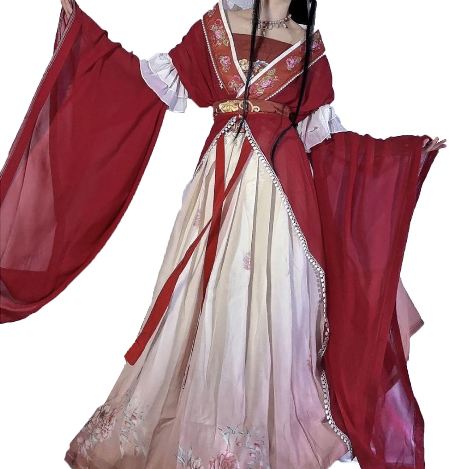 Czerwona Sukienka Hanfu W Stylu Retro W Stylu Chińskim (XS-XL), Długa Spódnica Damska Z Tradycyjnym Nadrukiem, Komplet 5-częściowy, Komfort I Przewiewność, Idealna Na Występy Sceniczne
