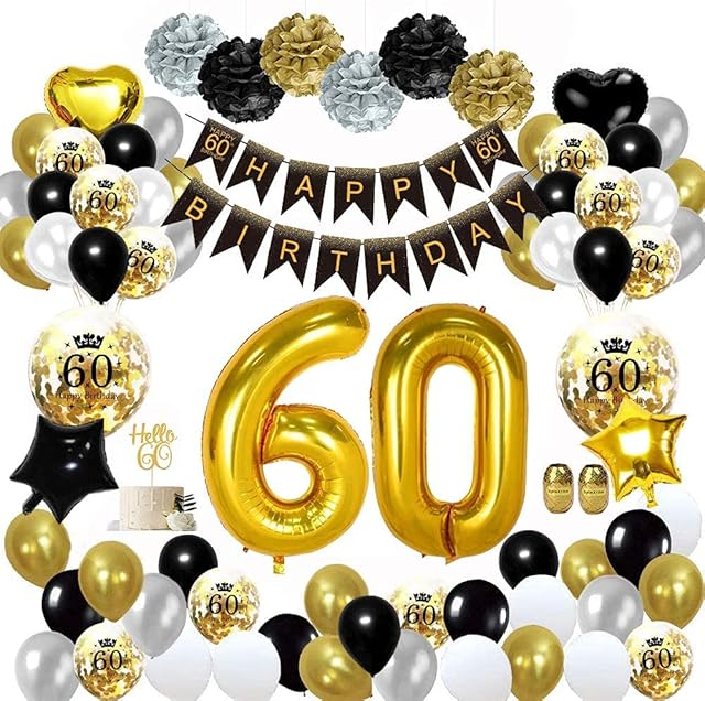 60th Birthday Decorations Black Gold for Men Women,60th Birthday Balloons with Happy 60th Birthday Banner,60th Balloons,60 Foil Balloon for 60th Birthday Decorations Him Her Man Women Reusable