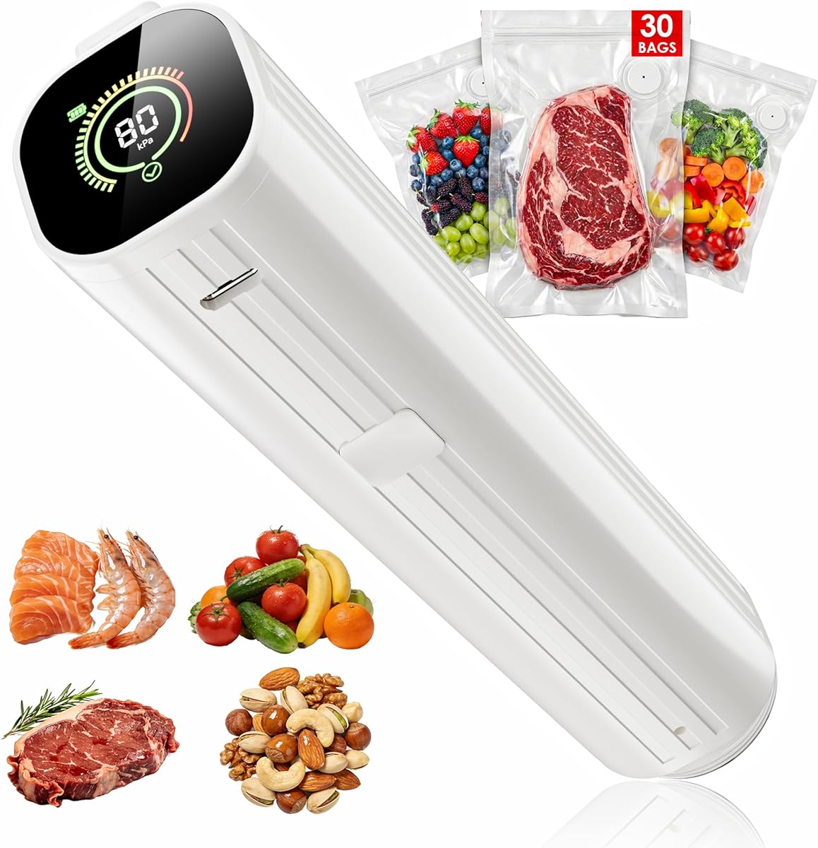 Compact Vacuum Sealer for Food (Contains 30 Reusable Seal Bags) Featuring LED Pressure Display, Ultimate Suction Power, Handheld Vacuum Sealer Machine, Portable Food Sealer
