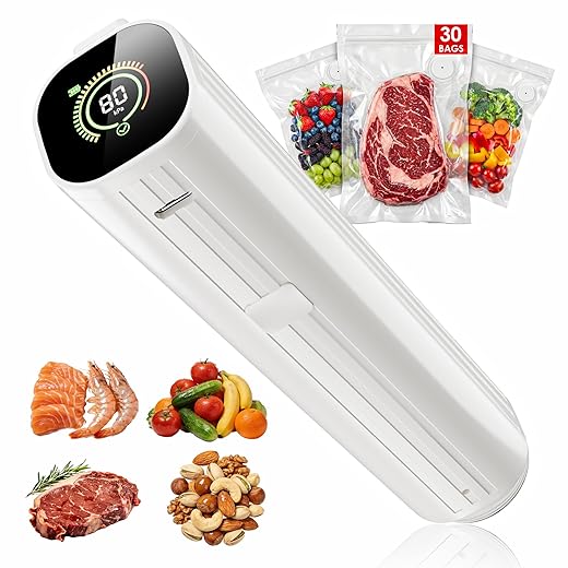Compact Vacuum Sealer for Food (Vacuum Sealer Machine + 30 Reusable Vacuum Bags) Powerful Handheld Vacuum Sealer Machine, Featuring LED Pressure Display, Portable Food Sealer