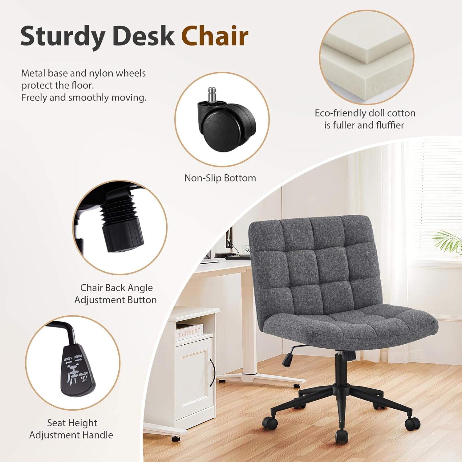 Furnimart Criss Cross Desk Char Wide Seat with Wheels, 360° Swivel Cross Legged Desk Chair Thick Cushion, Comfy Armless Home Office Chair for Bedroom, Vanity, Sturdy (Linen Gray)