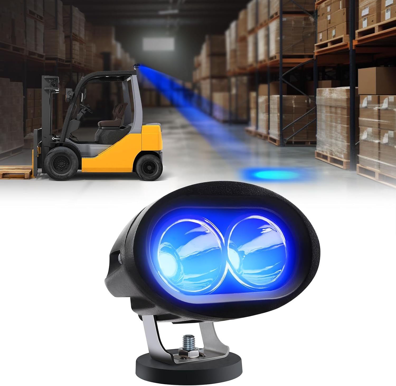 20W Blue LED Forklift Safety Light - Spotlight Pattern, Adjustable Mounting Bracket with Magnetic Base, 12-80V, IP68 Waterproof for Industrial and Warehouse Safety