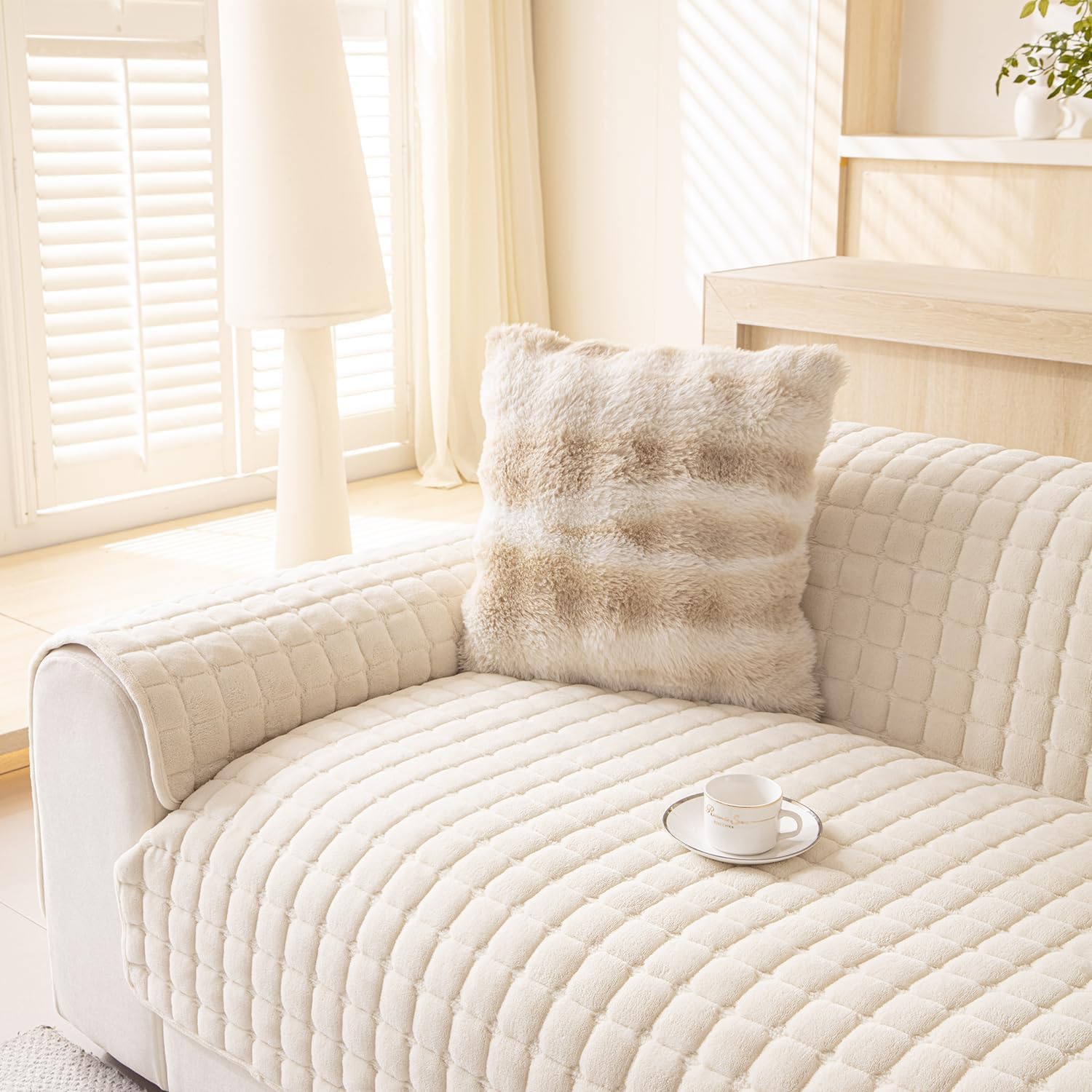 BOV Beige Velvet Sectional Sofa Cover, Non-Slip Washable Recliner Overlay
